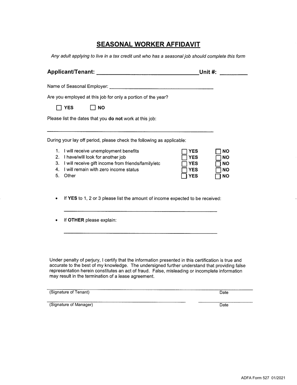 ADFA Form 527 Seasonal Worker Affidavit - Arkansas, Page 1