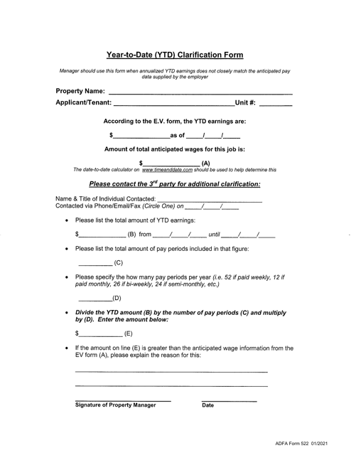 ADFA Form 522 Year-To-Date (Ytd) Clarification Form - Arkansas