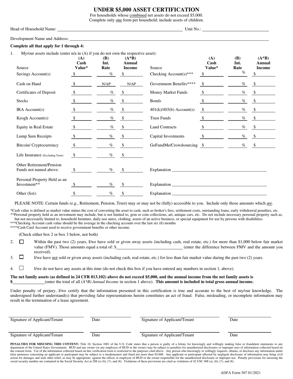 ADFA Form 507 Under $5,000 Asset Certification - Arkansas, Page 1