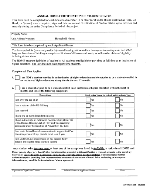 ADFA Form 502  Printable Pdf