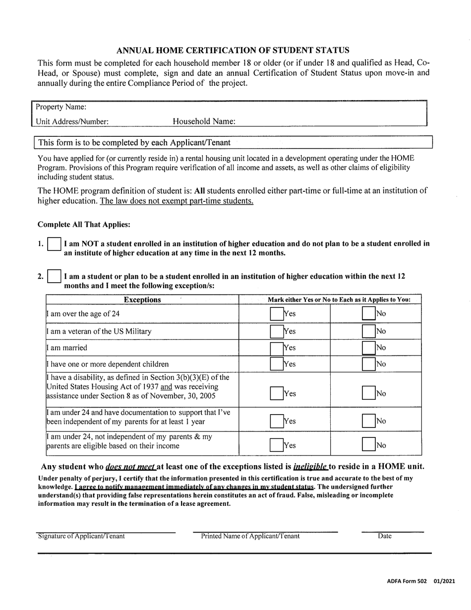 ADFA Form 502 Annual Home Certification of Student Status - Arkansas, Page 1