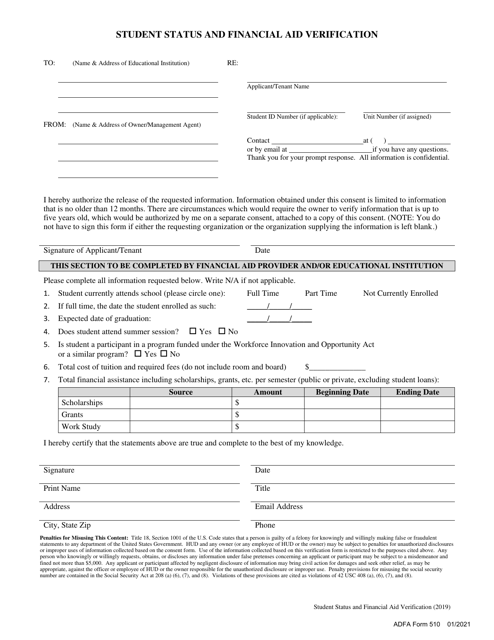 ADFA Form 510 Student Status and Financial Aid Verification - Arkansas