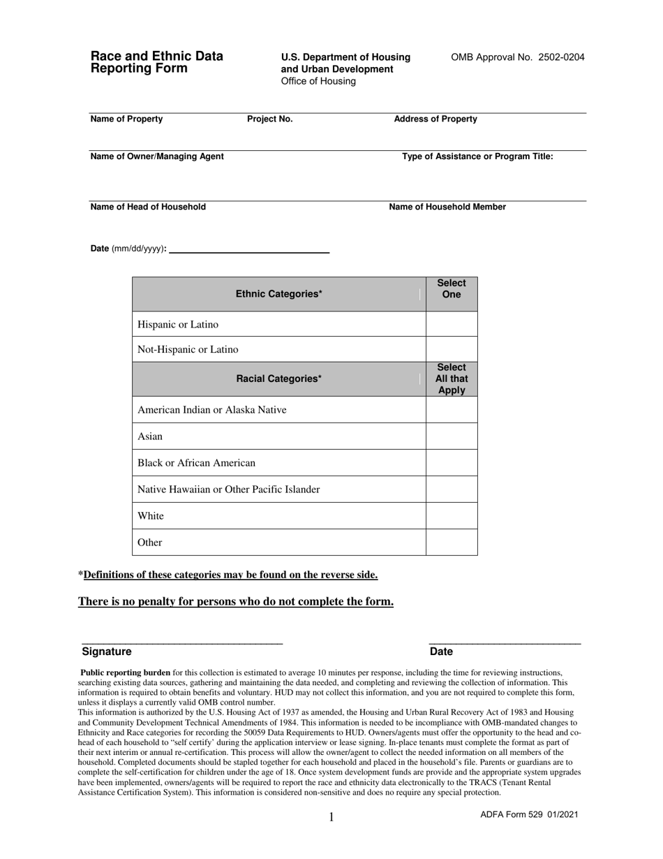 ADFA Form 529 Race and Ethnic Data Reporting Form - Arkansas, Page 1