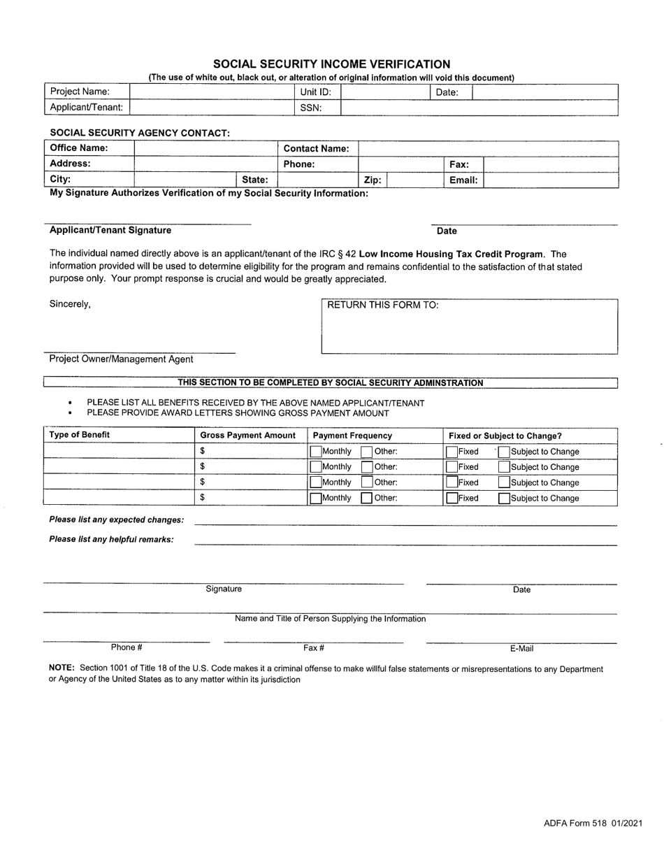 ADFA Form 518 Social Security Income Verification - Arkansas, Page 1