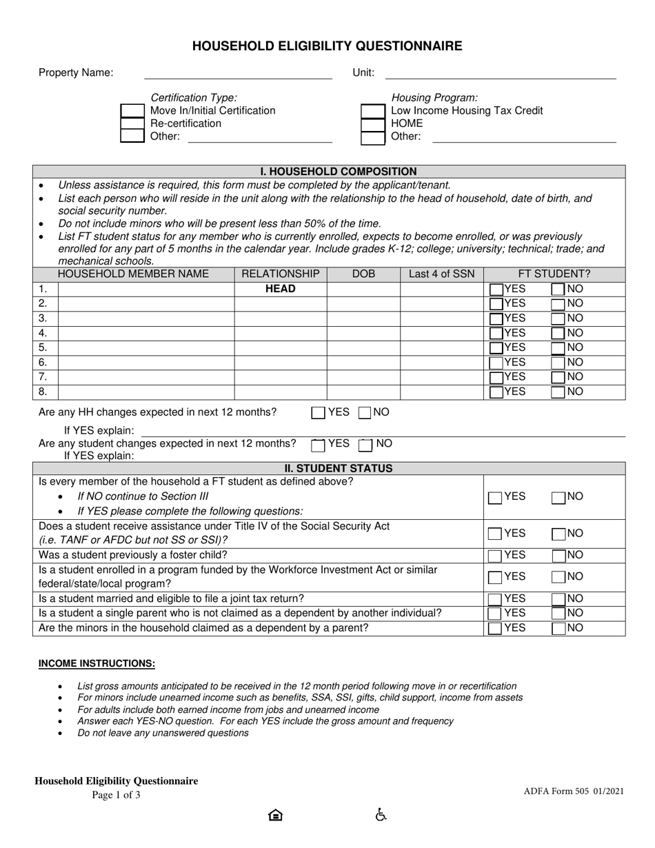 ADFA Form 505 Household Eligibility Questionnaire - Arkansas, Page 1