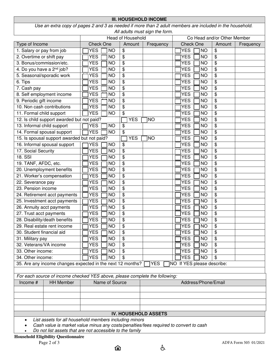 ADFA Form 505 Household Eligibility Questionnaire - Arkansas, Page 2
