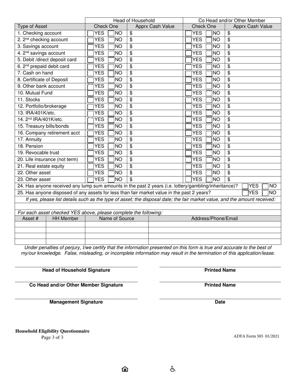 ADFA Form 505 Household Eligibility Questionnaire - Arkansas, Page 3