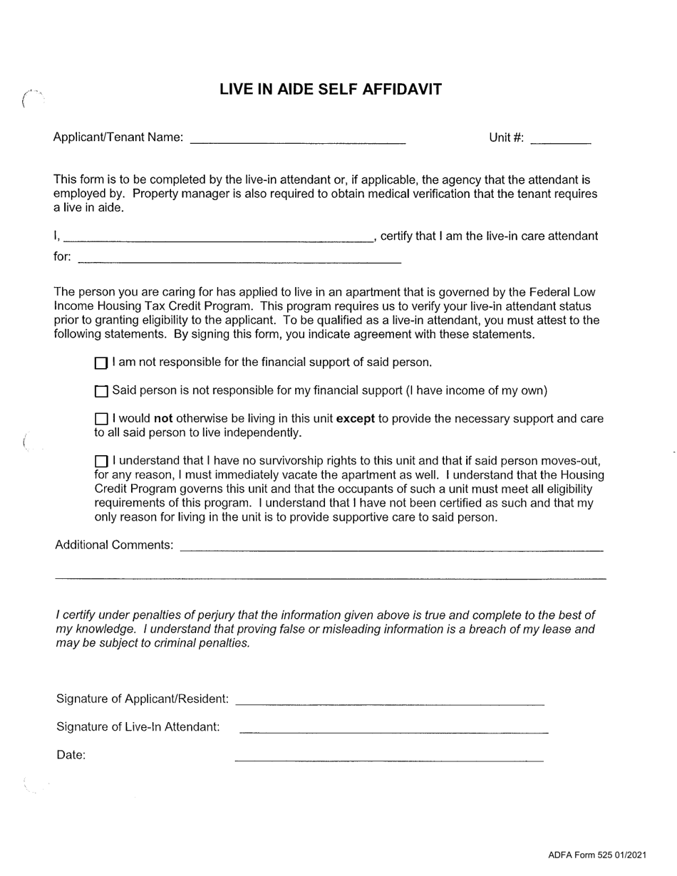 ADFA Form 525 Live in Aide Self Affidavit - Arkansas, Page 1