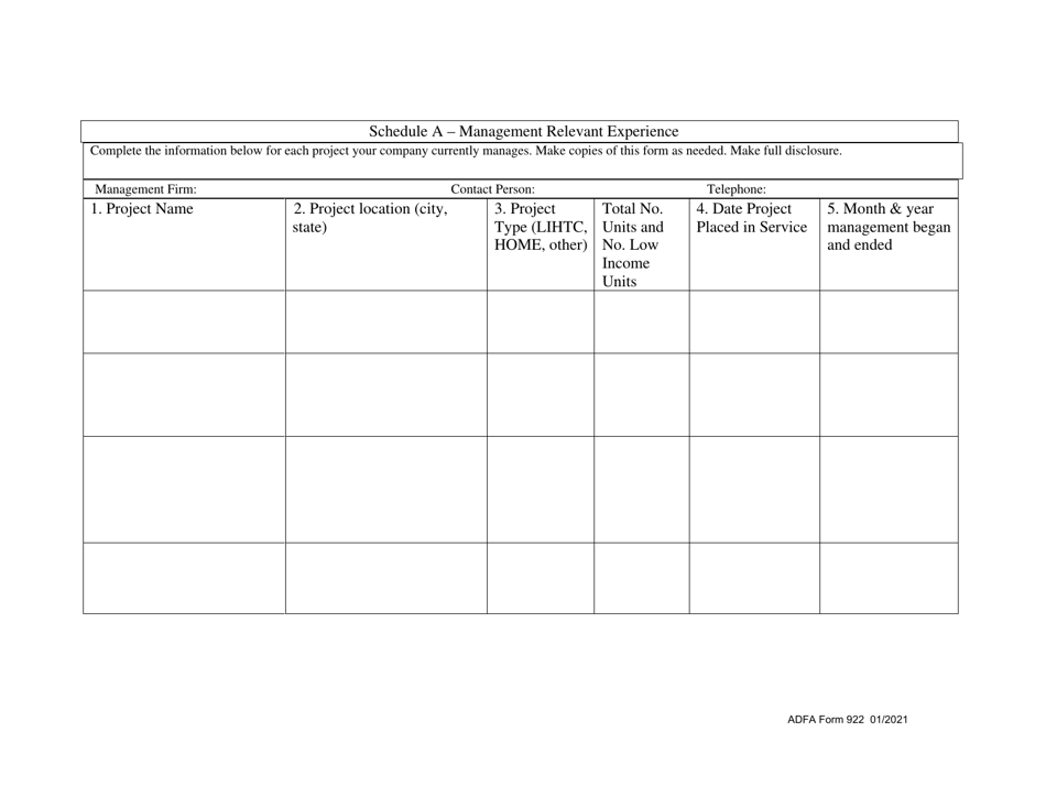 ADFA Form 922 Supplement A Management Relevant Experience - Arkansas, Page 1