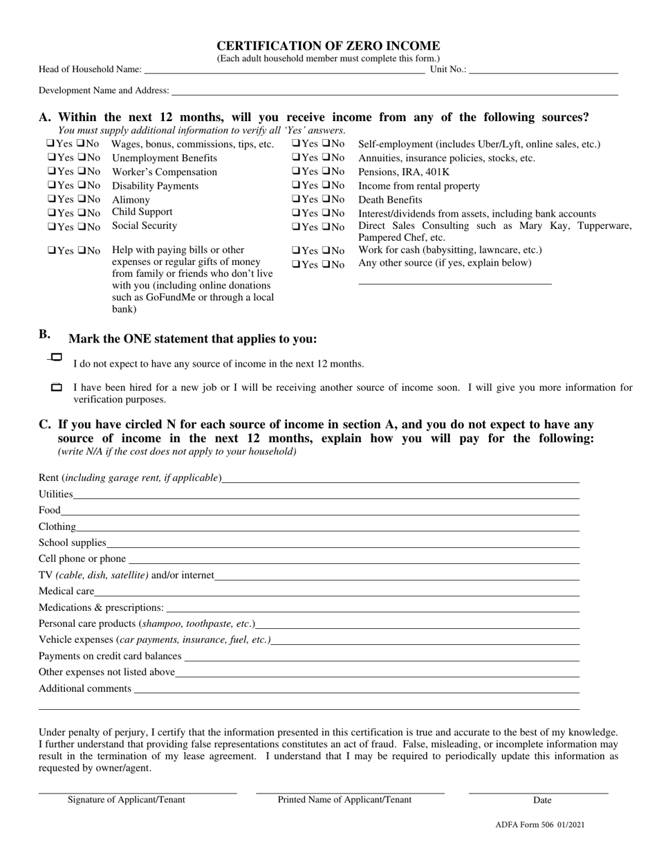 ADFA Form 506 Certification of Zero Income - Arkansas, Page 1