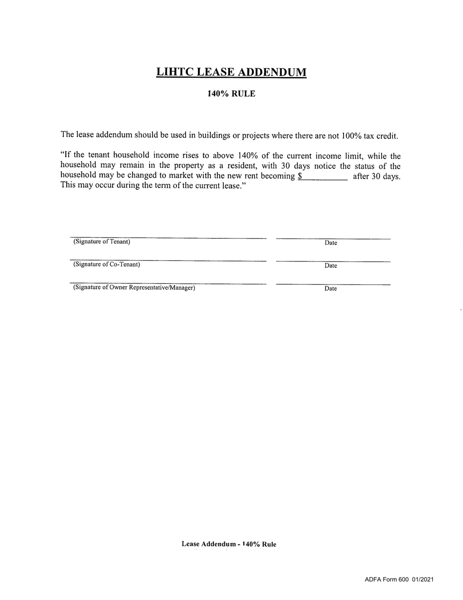 ADFA Form 600 LIHTC Lease Addendum - 140% Rule - Arkansas, Page 1
