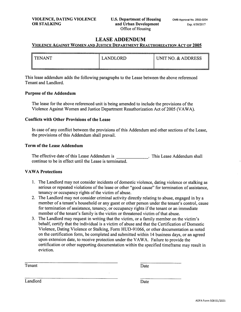 ADFA Form 508 Lease Addendum - Violence Against Women and Justice Department Reauthorization Act of 2005 - Arkansas, Page 1