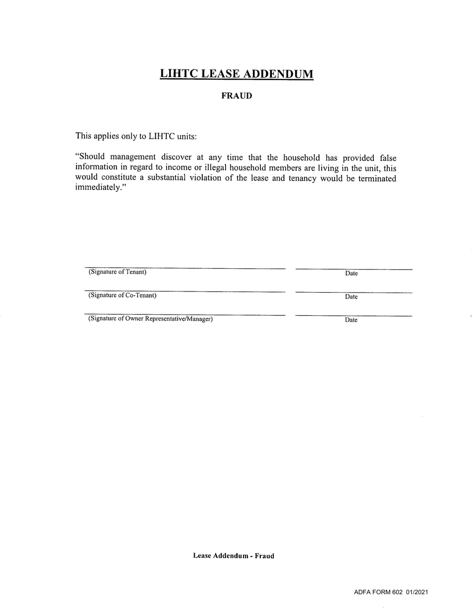 ADFA Form 602 Lease Addendum - Fraud - Arkansas, Page 1