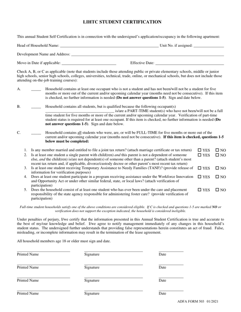 ADFA Form 503 LIHTC Student Certification - Arkansas