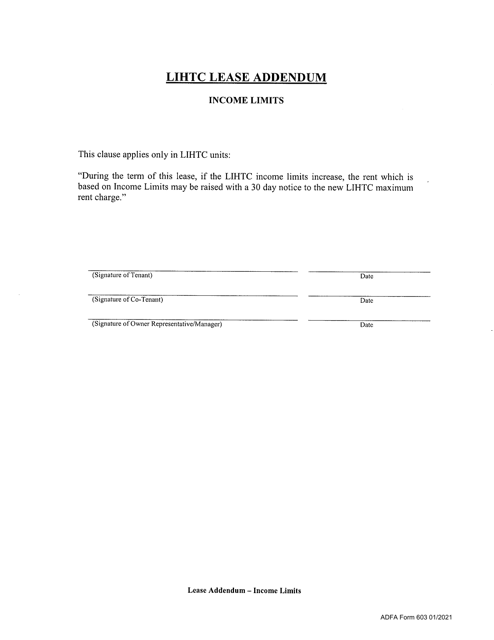 ADFA Form 603 LIHTC Lease Addendum - Income Limits - Arkansas