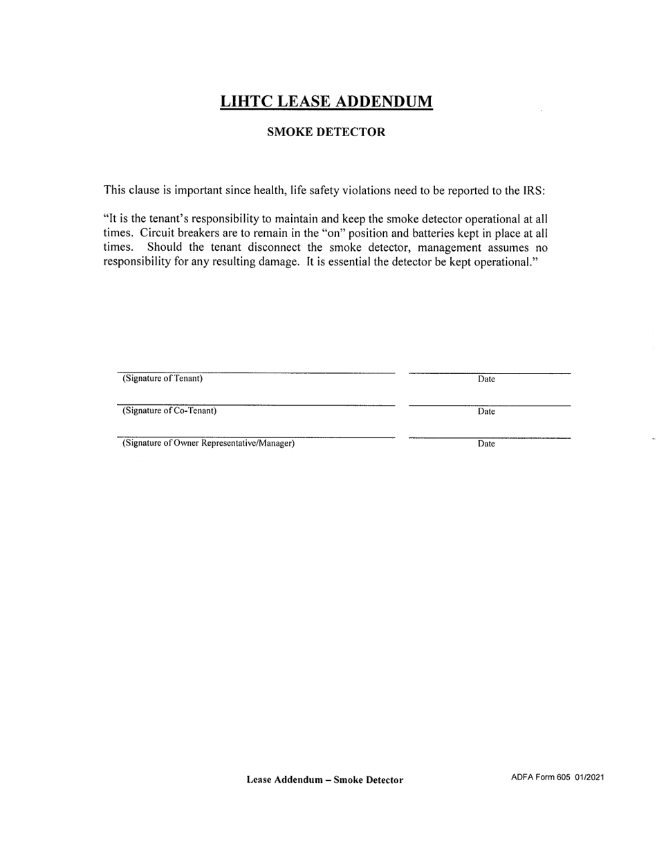 ADFA Form 605 LIHTC Lease Addendum - Smoke Detector - Arkansas, Page 1