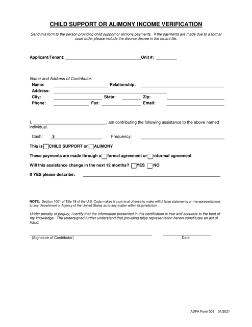 ADFA Form 509 Child Support or Alimony Income Verification - Arkansas