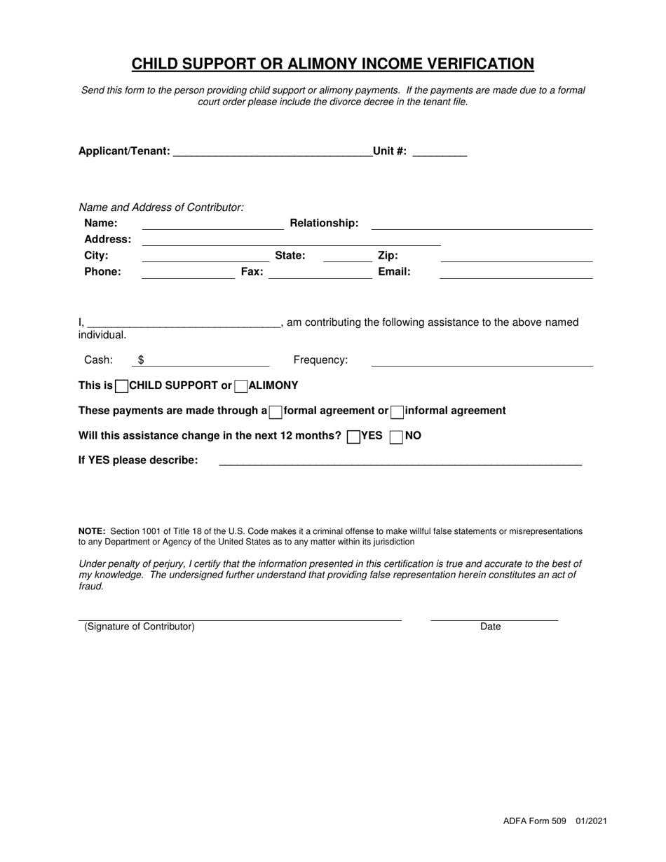 ADFA Form 509 Child Support or Alimony Income Verification - Arkansas, Page 1