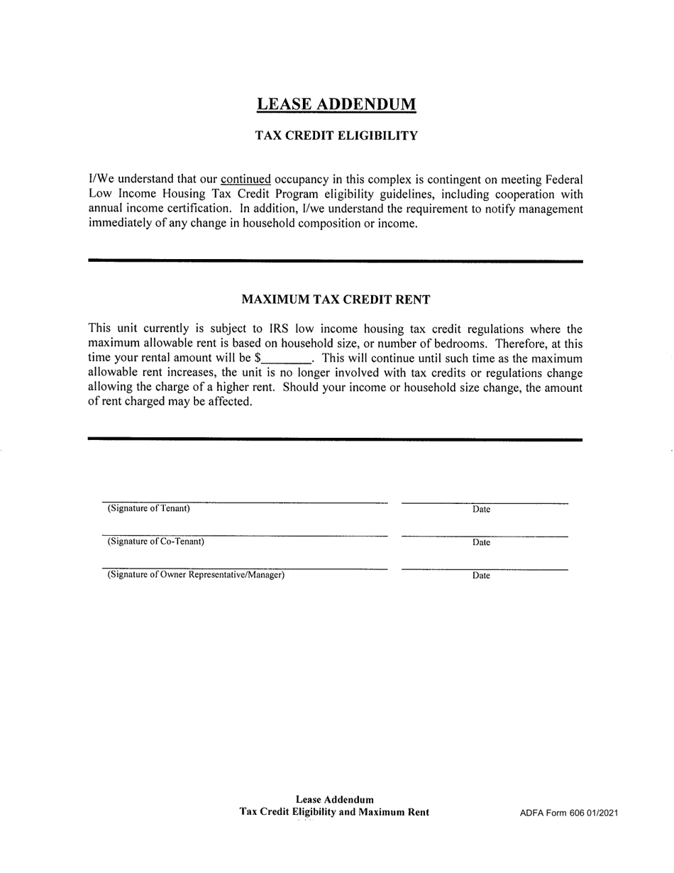 ADFA Form 606 Lease Addendum - Tax Credit Eligibility - Arkansas, Page 1