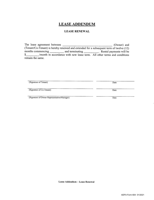 ADFA Form 604 Lease Addendum - Lease Renewal - Arkansas