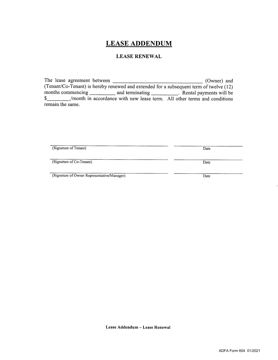 ADFA Form 604 Lease Addendum - Lease Renewal - Arkansas, Page 1