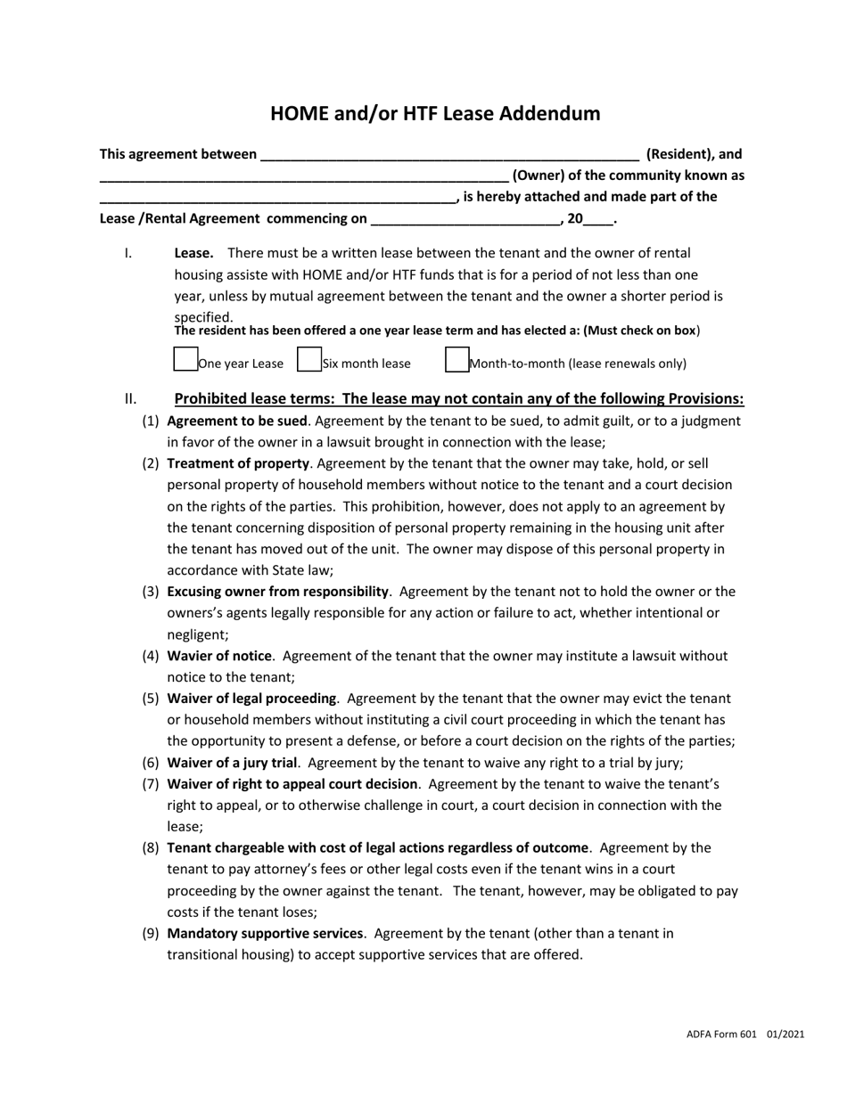 ADFA Form 601 Home and / or Htf Lease Addendum - Arkansas, Page 1