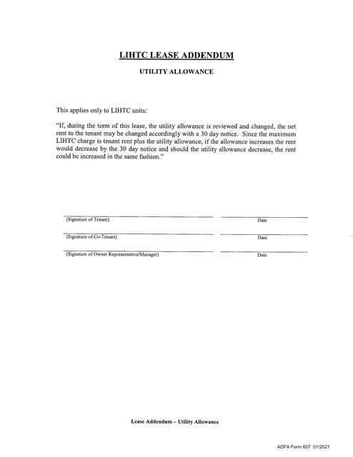 ADFA Form 607 LIHTC Lease Addendum - Utility Allowance - Arkansas