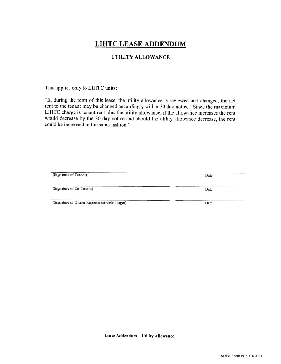 ADFA Form 607 LIHTC Lease Addendum - Utility Allowance - Arkansas, Page 1