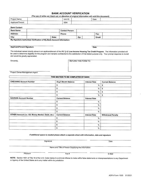 ADFA Form 1005 Bank Account Verification - Arkansas