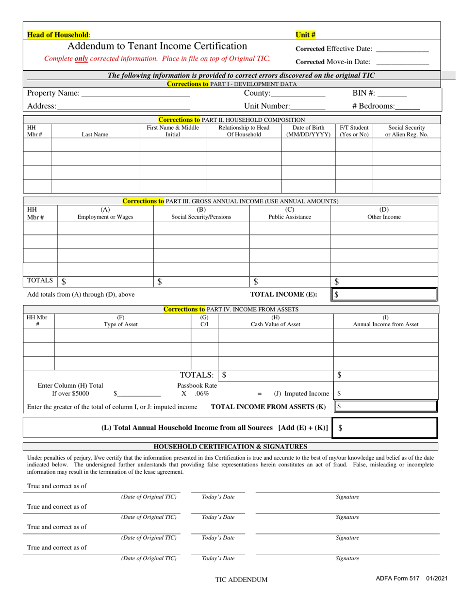 ADFA Form 517 Addendum to Tenant Income Certification - Arkansas, Page 1