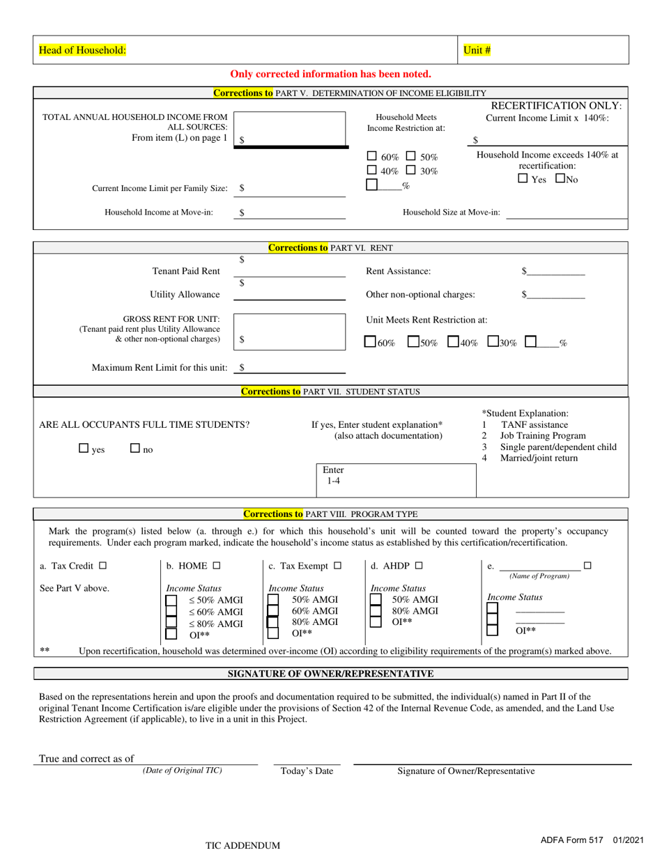 ADFA Form 517 Addendum to Tenant Income Certification - Arkansas, Page 2