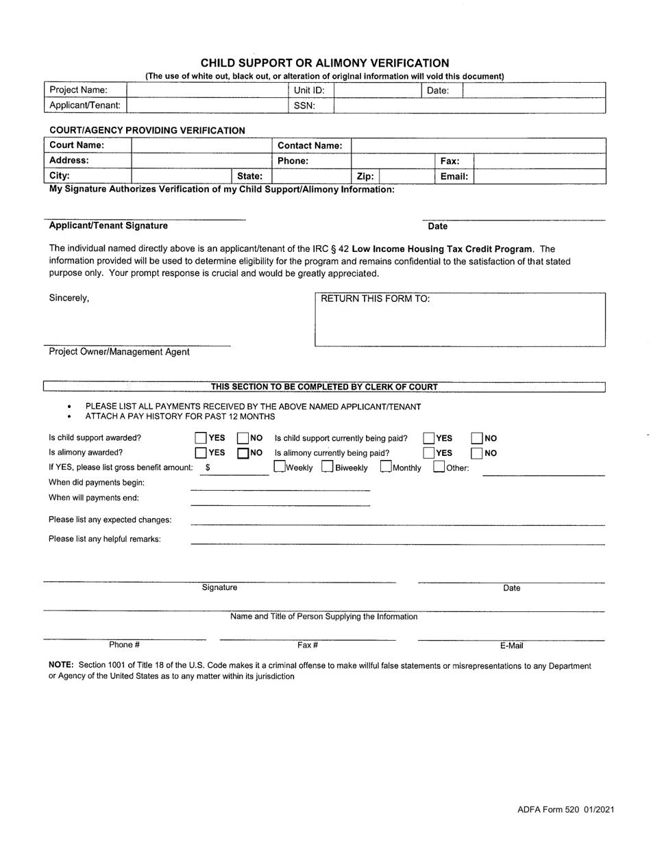 ADFA Form 520 Child Support or Alimony Verification - Arkansas, Page 1