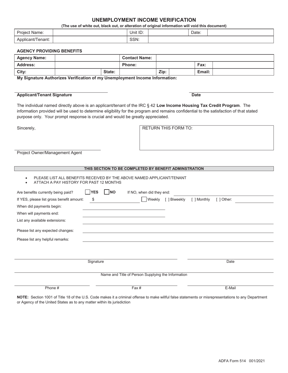 ADFA Form 514 Unemployment Income Verification - Arkansas, Page 1