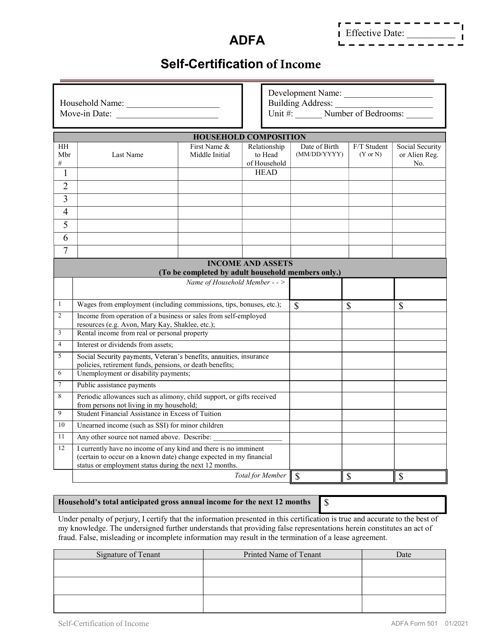 ADFA Form 501 Self-certification of Income - Arkansas
