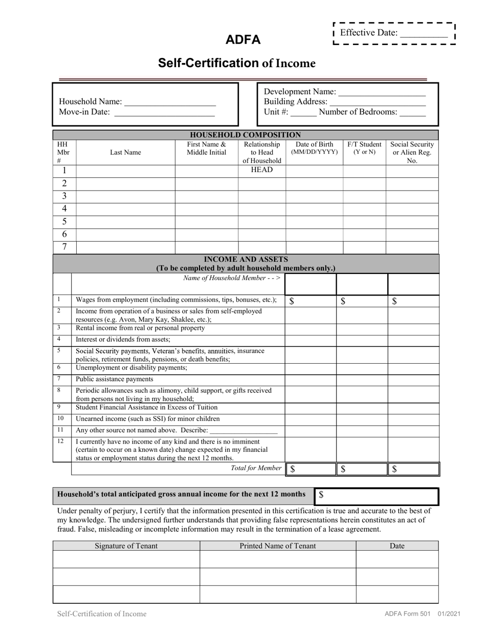ADFA Form 501 Self-certification of Income - Arkansas, Page 1