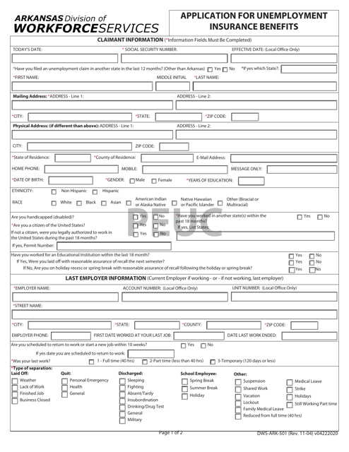 Form DWS-ARK-501 Application for Unemployment Insurance Benefits - Peuc - Arkansas