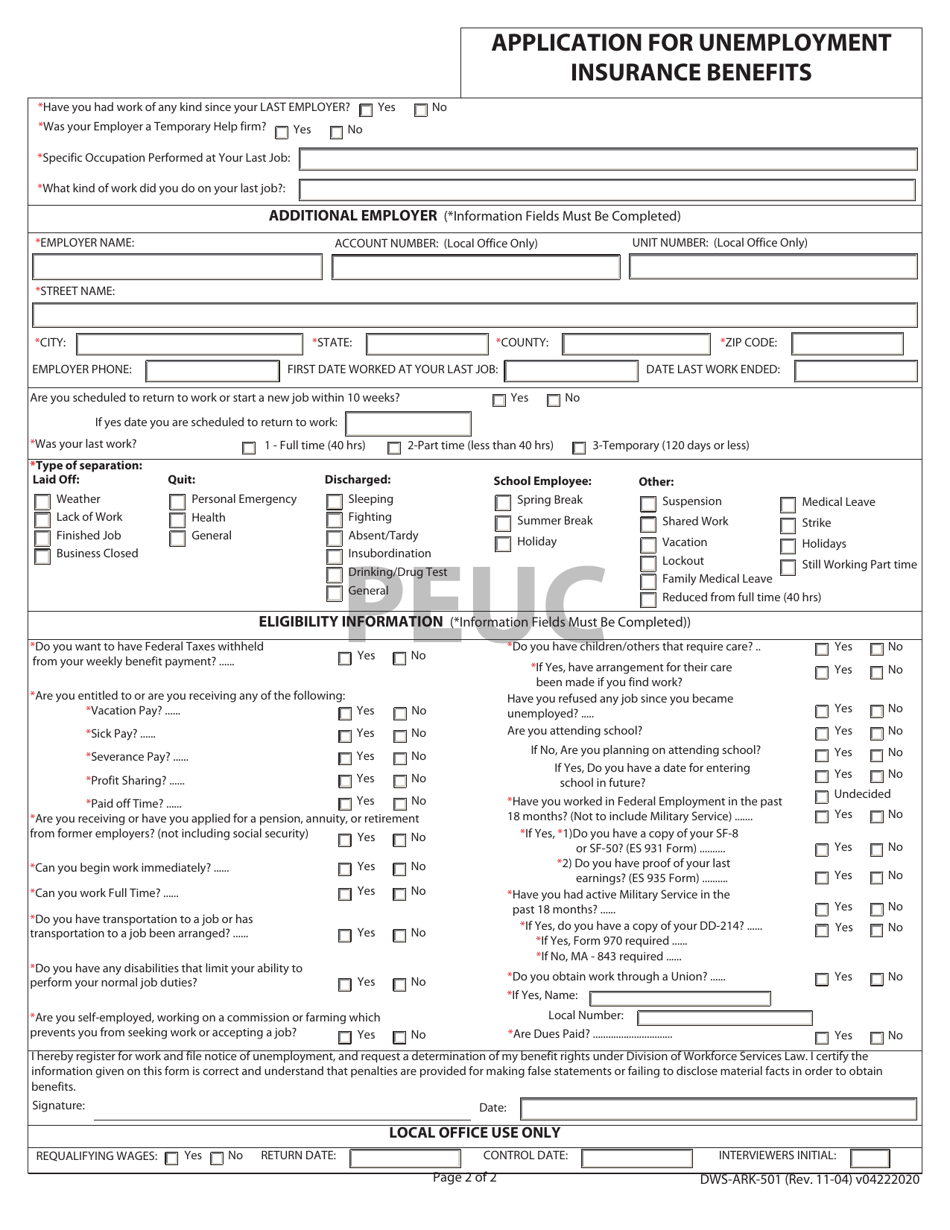 Form DWS-ARK-501 Application for Unemployment Insurance Benefits - Peuc - Arkansas, Page 2