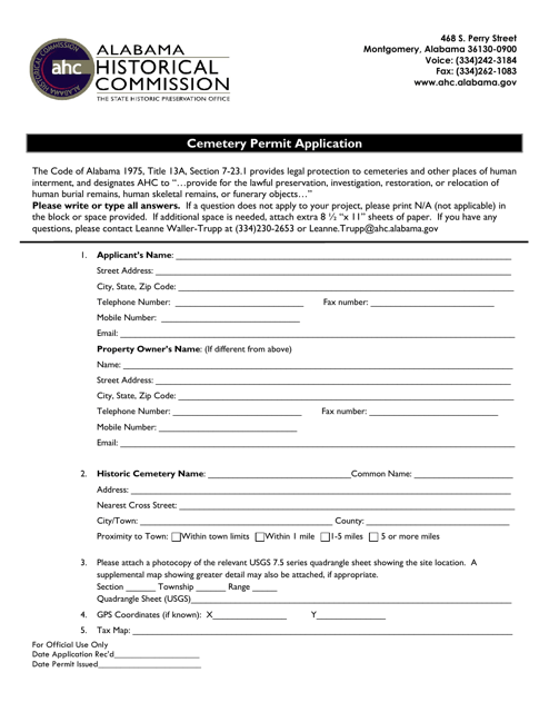 Cemetery Permit Application - Alabama Download Pdf