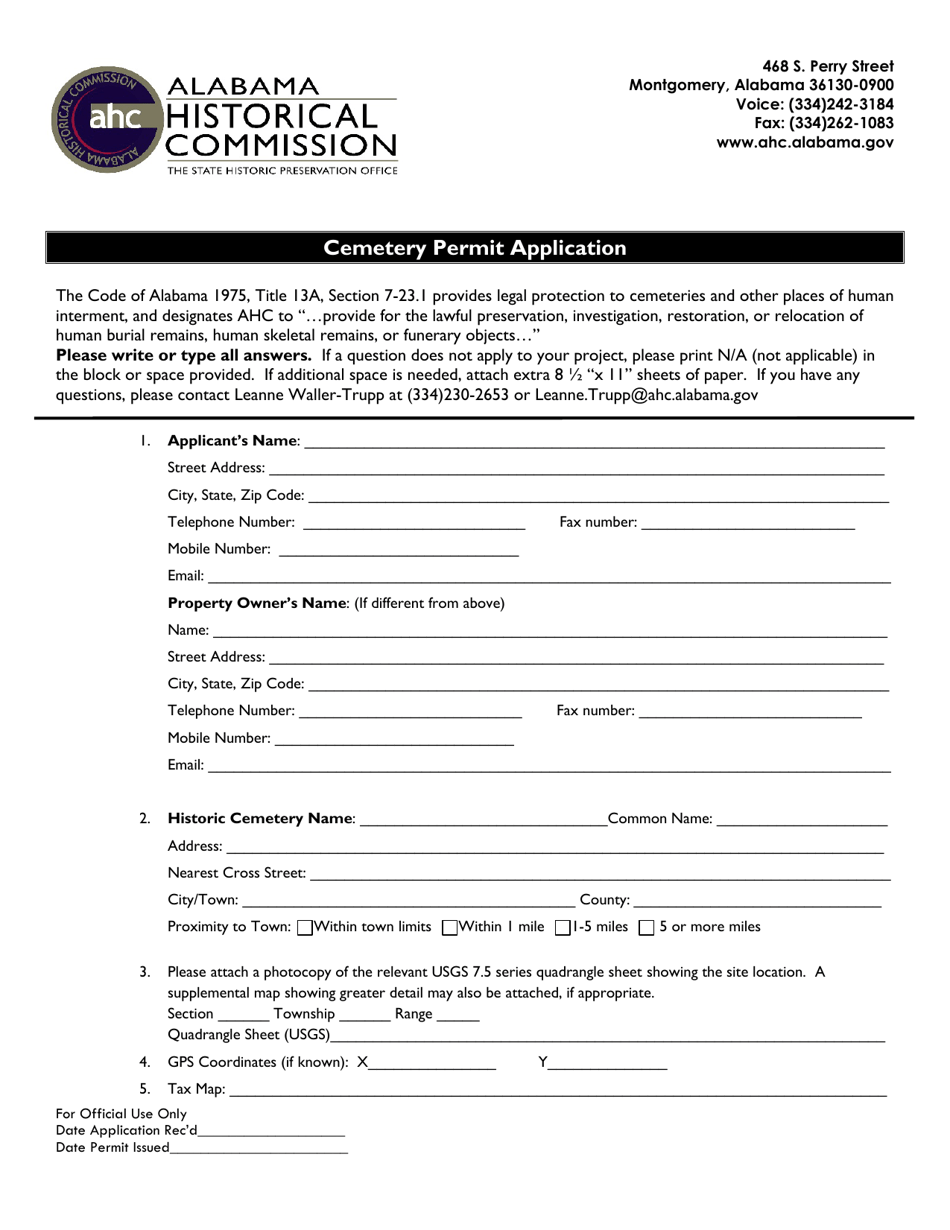 Cemetery Permit Application - Alabama, Page 1