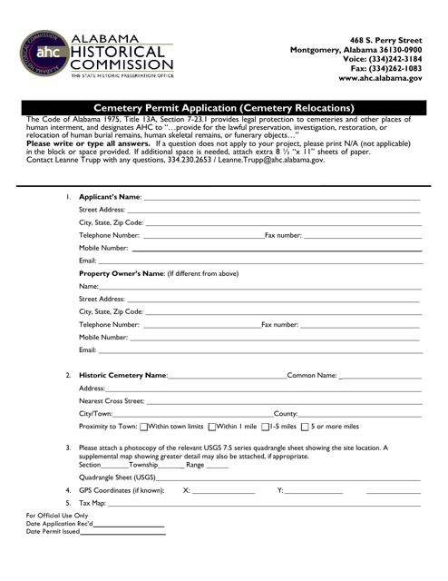 Cemetery Permit Application (Cemetery Relocations) - Alabama Download Pdf