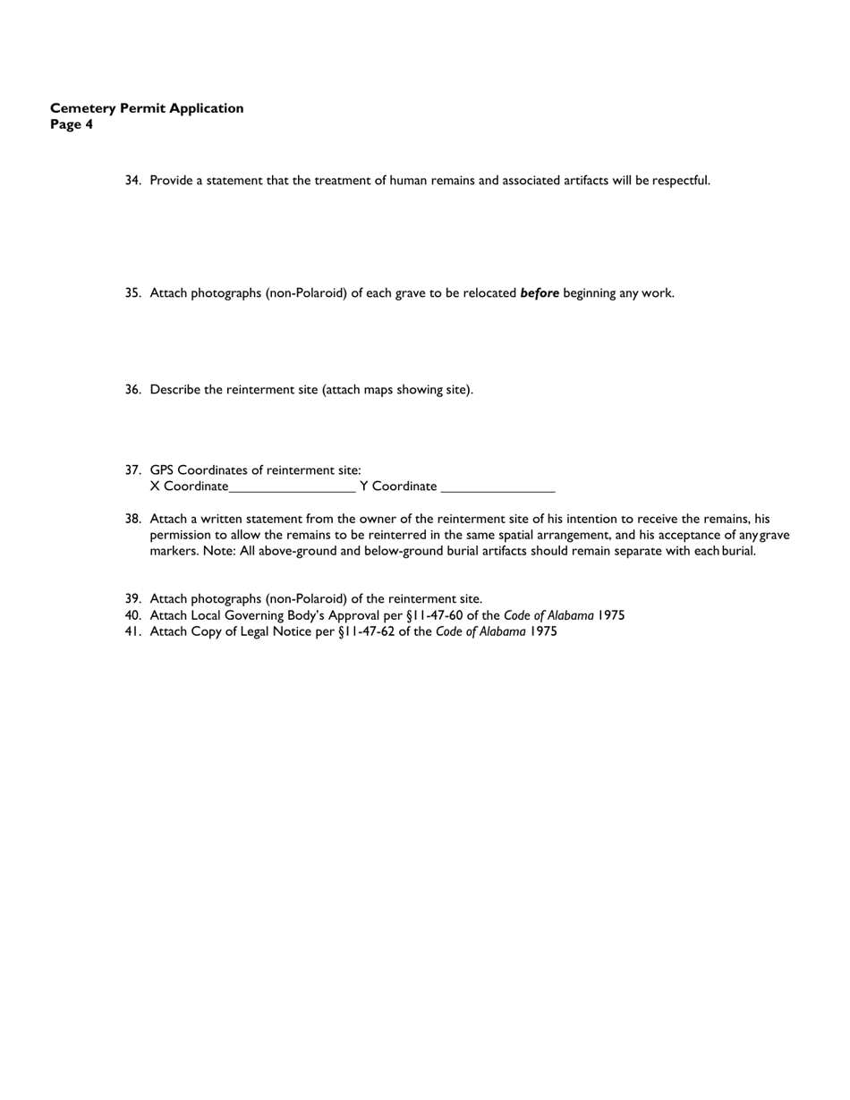 Cemetery Permit Application (Cemetery Relocations) - Alabama, Page 4
