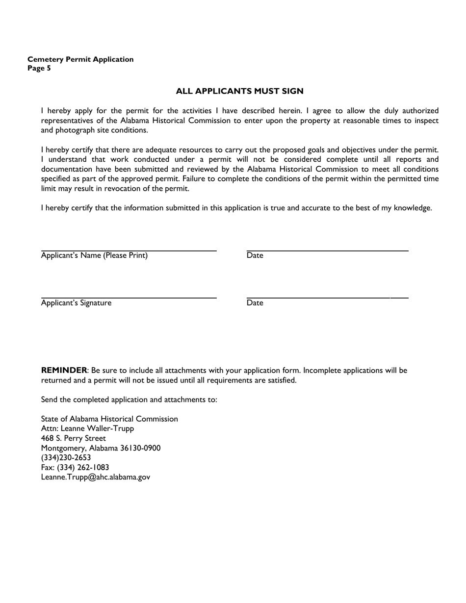 Cemetery Permit Application (Cemetery Relocations) - Alabama, Page 5