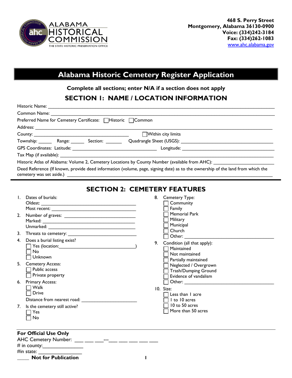 Alabama Historic Cemetery Register Application - Alabama, Page 1