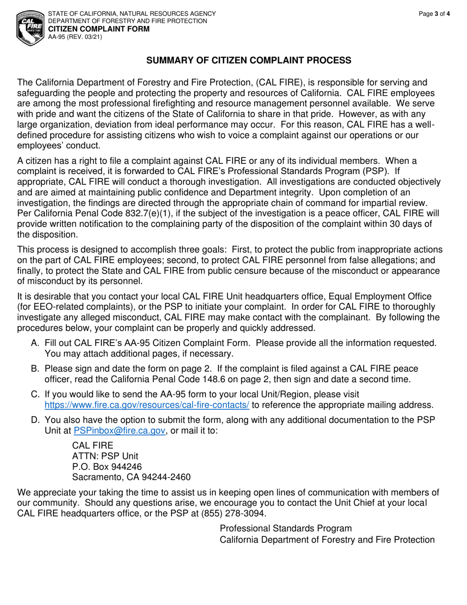 Form AA-95 Citizen Complaint Form - California, Page 3