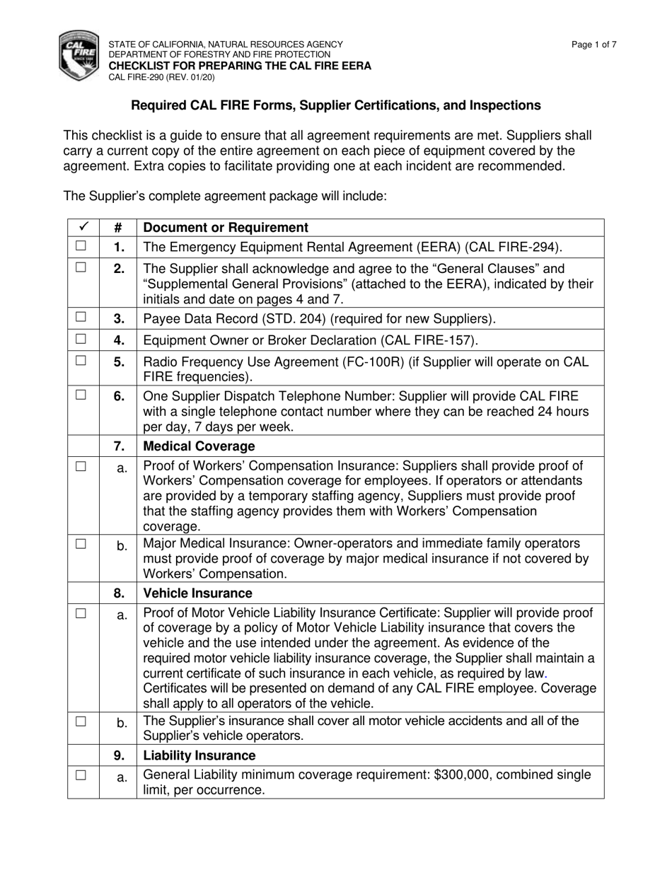 Form CAL FIRE-290 Checklist for Preparing the Cal Fire Eera - California, Page 1