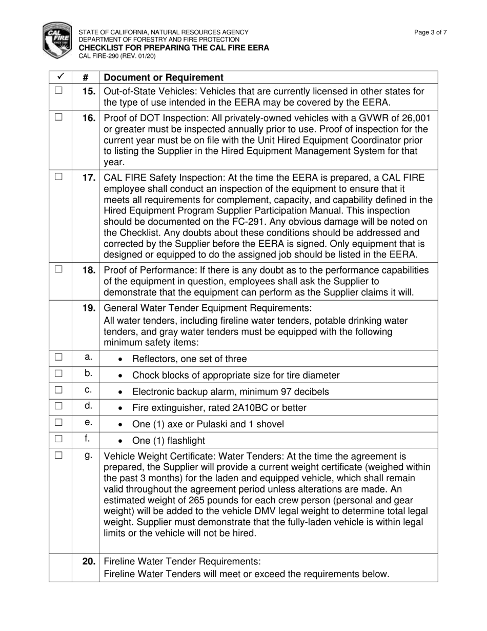 Form CAL FIRE290 Download Printable PDF or Fill Online Checklist for