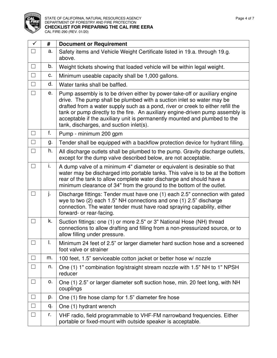 Form CAL FIRE290 Download Printable PDF or Fill Online Checklist for