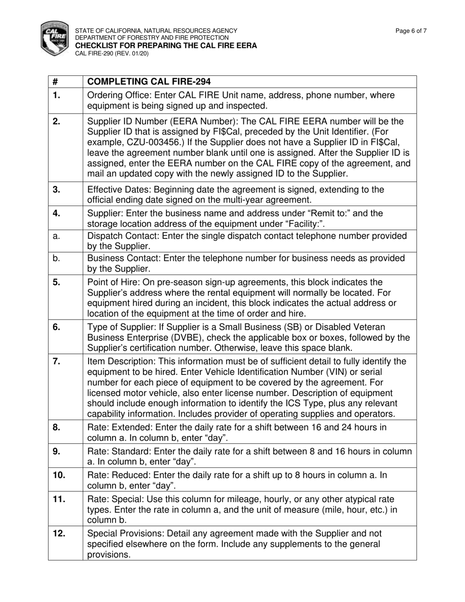 Form CAL FIRE290 Download Printable PDF or Fill Online Checklist for