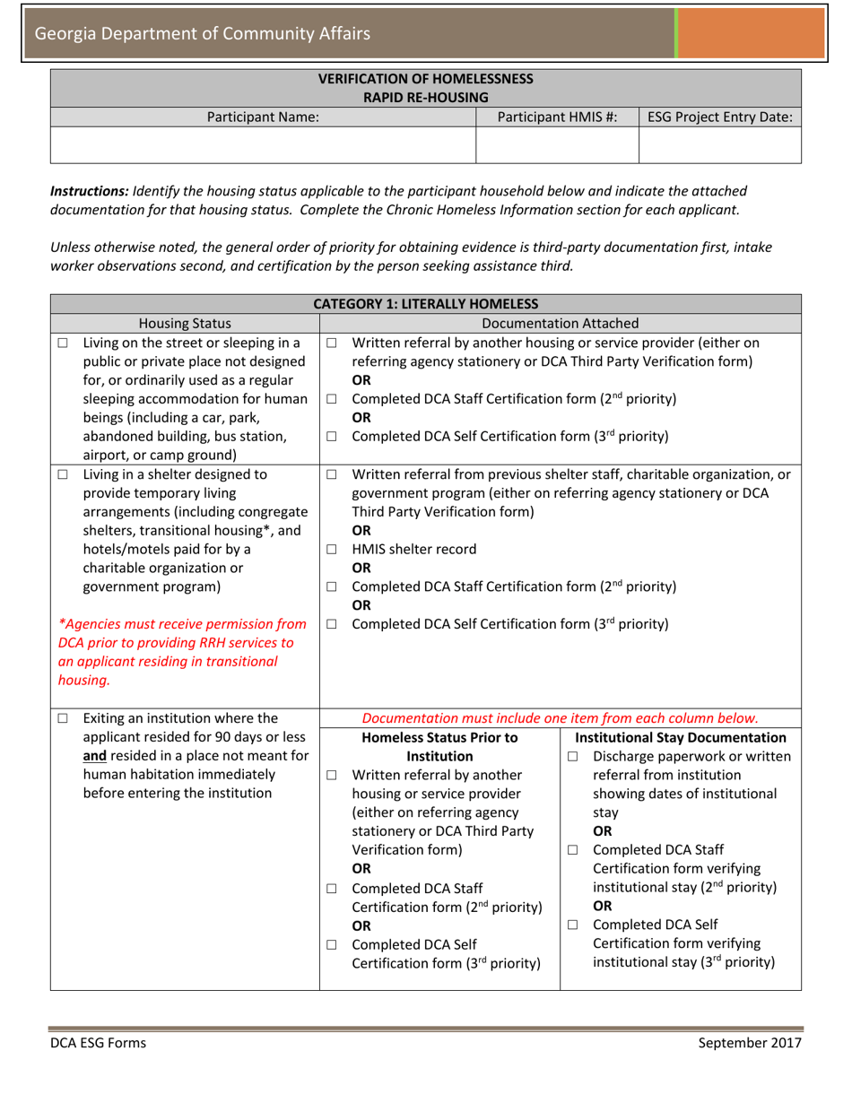 Verification of Homelessness - Rapid Re-housing - Georgia (United States), Page 1