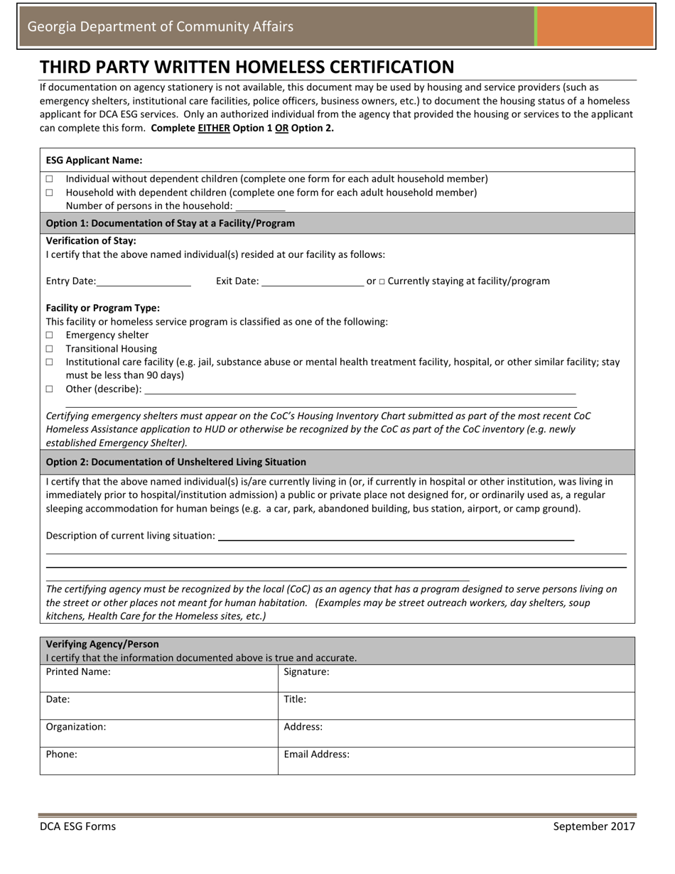 Third Party Written Homeless Certification - Georgia (United States), Page 1